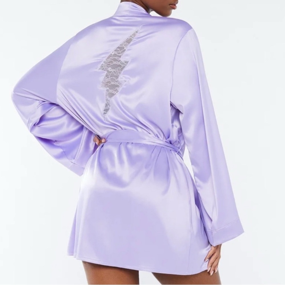 Women Savage X Fenty purple satin robe featuring a lace lightning bolt detail